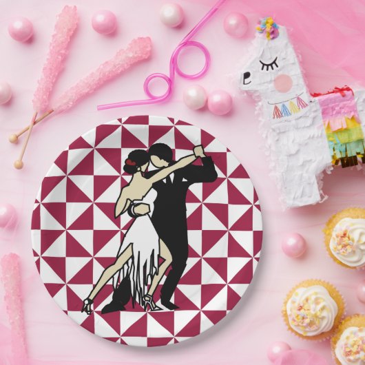 Tango-Tänzer auf Maroon und White Geometric Pappteller (Party)