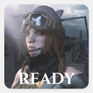 TANK GIRL MIT "READY" UNTER QUADRATISCHER AUFKLEBER