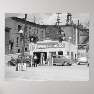 Tankstelle in Montana, 1939. Vintages Foto Poster