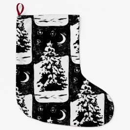 Tanne Baum in Snowy Landschaft Lino Print Großer Weihnachtsstrumpf