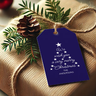 Tannenbaum Blau Weiße Sterne & Name Typografie Geschenkanhänger