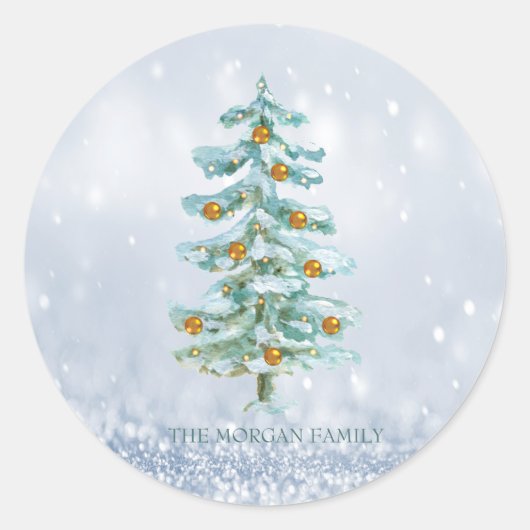 Tannenbaum fröhlicher blauer Bokeh Runder Aufkleber (Vorderseite)