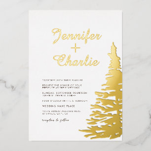 Tannenbaum Minimalist Modern Weiße Goldene Hochzei Folieneinladung