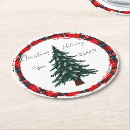 Tannenbaum-Teller mit kariertem Kreis. Runder Pappuntersetzer