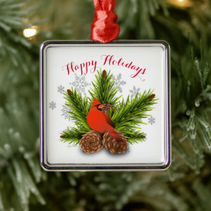 Tannenzapfen und Kardinalvogel-Weihnachtsbaumanhän Silbernes Ornament