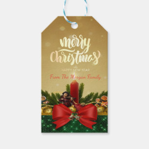 Tannenzweige, rotes Band, Kerze, Frohe Weihnachten Geschenkanhänger