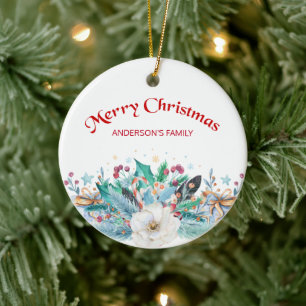 Tannenzweige und weiße Rose Keramik Ornament