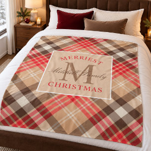Tannrotes Tartan-Monogramm 'Fröhlichstes Weihnacht Fleecedecke