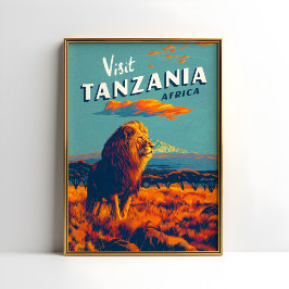 Tansania Africa Vintage Travel Print Poster Lion