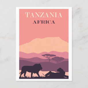 Tansania Afrika Pink Vintage Löwe Reise Postkarte