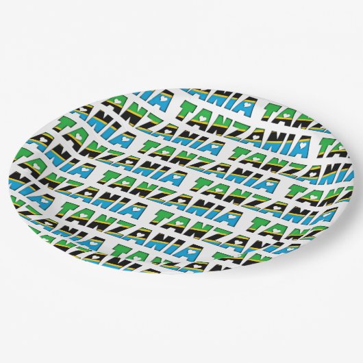Tansania Flag Farben Typografie Muster Herz Pappteller (Schrägansicht)