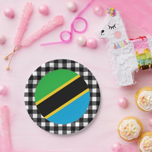 Tansania Plate, Büffel kariert & tansanische Flagg Pappteller (Party)