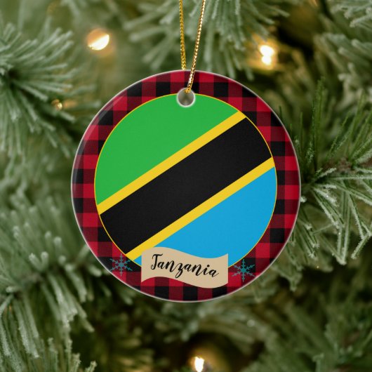 Tansania, Roter Büffel kariert & tansanische Flagg Keramik Ornament (Baum)