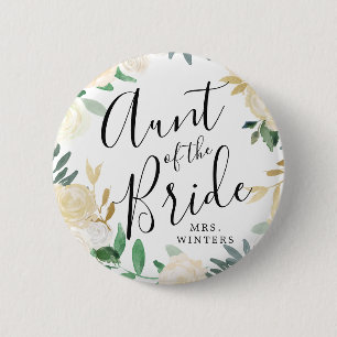 Tante der Braut   White Rose Bouquet Wedding Button