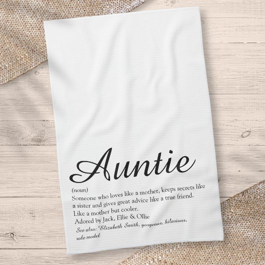 Tante der Welt, Definition Chic Script Geschirrtuch