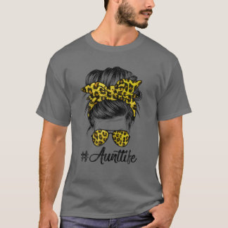 Tante Life Messy Hair Bun Leopard Frauen Mutter Da T-Shirt