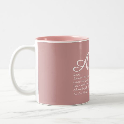 Tante Tante Script Definition Dusty Rose Pink Zweifarbige Tasse (Links)