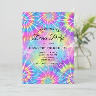 Tanz-Geburtstagsfeier Tie Dye Glow Tanz Disco Einladung