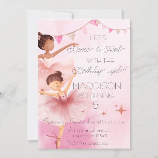 Tanz & Twirl Pink Ballerina Ballerina Ballet Gebur Einladung (Vorderseite)