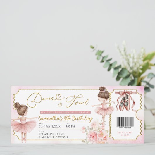 Tanz und Twirl Ballerina Party Einladung (Stehend Vorderseite)