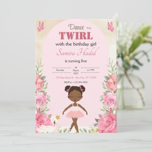 Tanz und Twirl hübsch Ballerina Blumen Einladung (Stehend Vorderseite)