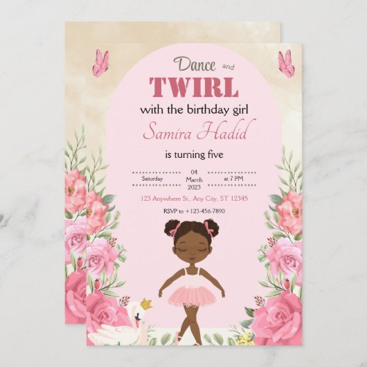 Tanz und Twirl hübsch Ballerina Blumen Einladung (Vorne/Hinten)