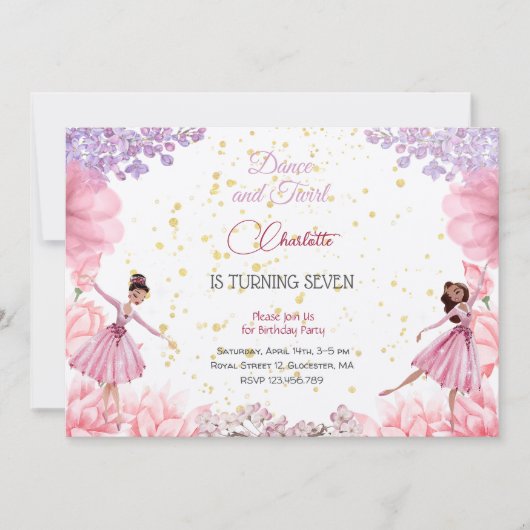 Tanz und wirbelnde Ballerina Geburtstag Einladung (Vorderseite)