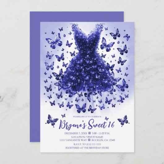 Tanzanite Butterfly Dress Dezember Birthstone Einladung (Vorne/Hinten)