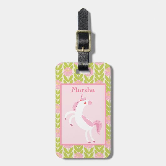 Tanzen-Einhorn-Rosa und grüner Blumenrucksack Gepäckanhänger (Vorderseite vertikal)