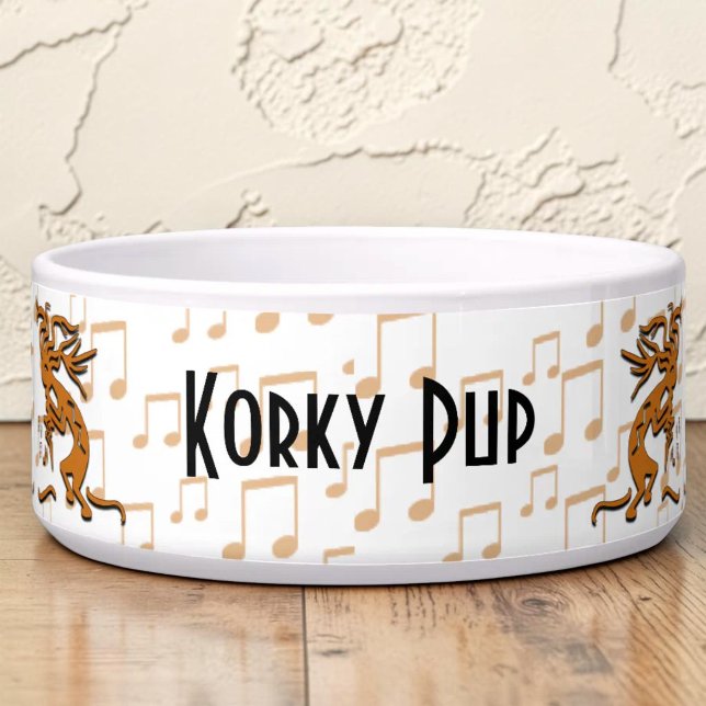 Tanzen Kokopelli Merrymaker mit musikalischen Napf (Kokopelli and musical notes custom pet bowl.)