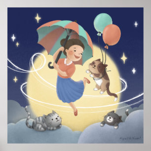 Tanzen mit Katzen in der Nacht am Mondlicht Poster