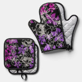Tanzend Hibiskus Hawaiian Blend Lila Ofenhandschuh & Topflappen-Set (Vorderseite/Rückseite)