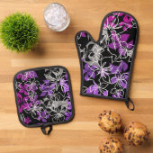 Tanzend Hibiskus Hawaiian Blend Lila Ofenhandschuh & Topflappen-Set (Oben Unten)