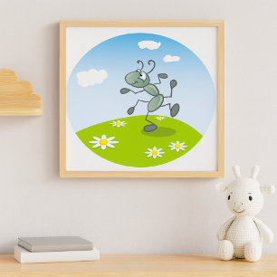 Tanzende Ameise auf Gras mit Blumen Poster