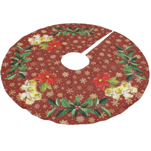 Tanzende Baby Engel auf Rot mit goldenen Schneeflo Polyester Weihnachtsbaumdecke