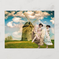Tanzende Blumenmädchen im Vintage-Stil und Windmüh