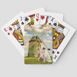 Tanzende Blumenmädchen im Vintage-Stil und Windmüh Spielkarten