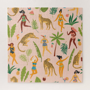 Tanzende Damen, Leoparden Vintage-Muster. Puzzle