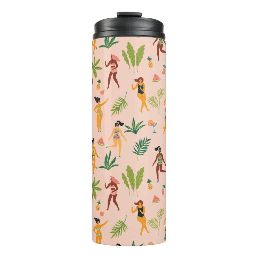 Tanzende Damen, Palmblätter-Muster. Thermosbecher (Vorderseite)