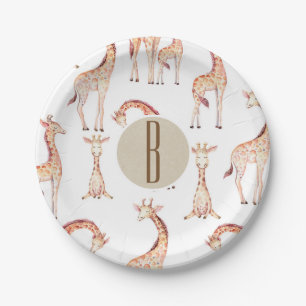 Tanzende Giraffen-Baby-Party-Monogramm-Buchstabe I Pappteller