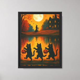 Tanzende Halloween-Katzen mit Hexe und Mond Leinwanddruck