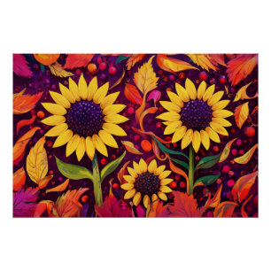 Tanzende Herbstsonnenblumen, farbenfrohe Felder Poster