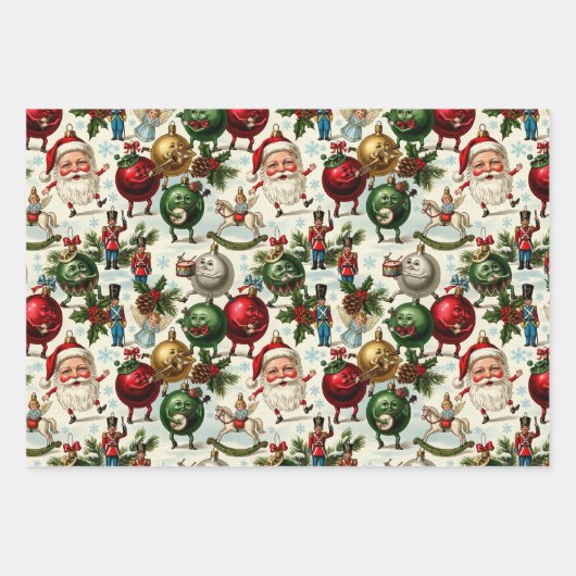 Tanzende Santa's und magische Ornamente Geschenkpapier Set (Vorderseite 3)