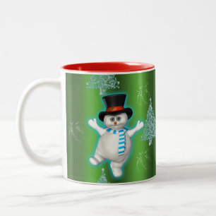 Tanzende Snowman in Hat über grüne Weihnachten Zweifarbige Tasse