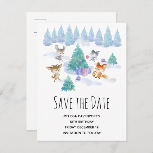 Tanzende Waldtiere Wasserfarbe Save the Date Einladungspostkarte (Vorne/Hinten)