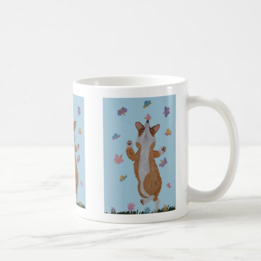 Tanzender walisischer Corgi mit Schmetterlingen Kaffeetasse (Rechts)