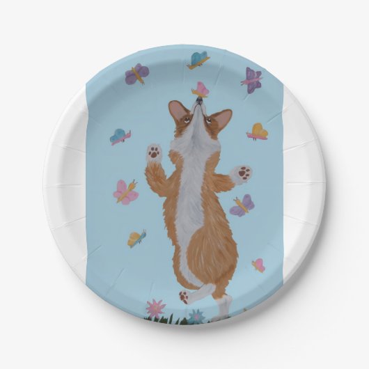 Tanzender walisischer Corgi mit Schmetterlingen Pappteller (Vorderseite)