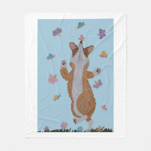 Tanzender Welsh Corgi mit Schmetterlingen Fleecedecke (Vorderseite)