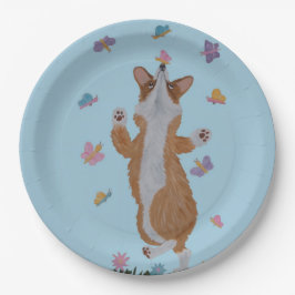 Tanzender Welsh Corgi mit Schmetterlingen Pappteller