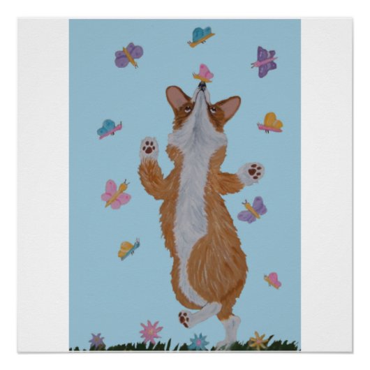Tanzender Welsh Corgi mit Schmetterlingen Poster (Vorderseite)